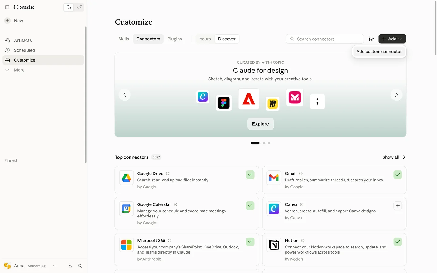 Klicka på Add custom connector
