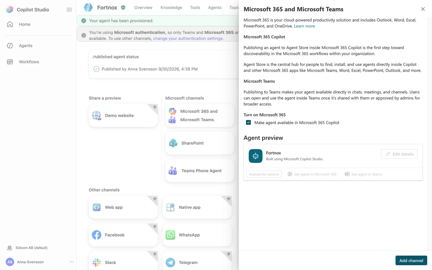Make agent available in Microsoft 365 Copilot ska vara ibockad