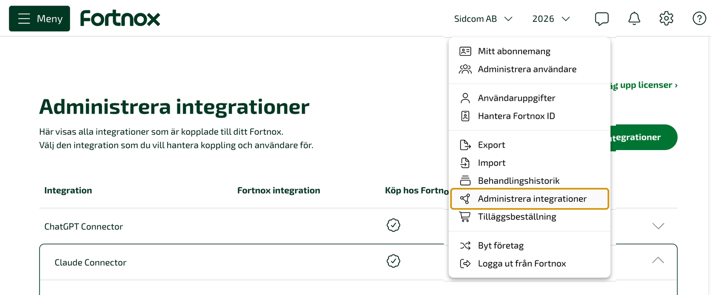 Fortnox-menyn under bolagsnamnet, med Administrera integrationer markerat