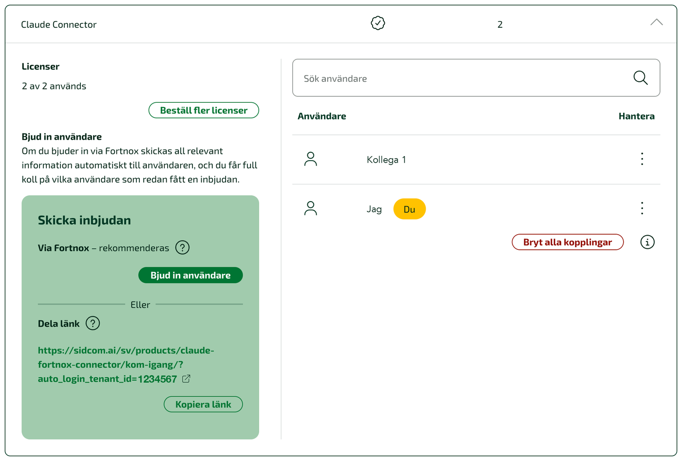 Claude Connector utfälld i Fortnox, med licensräknaren, knappen Beställ fler licenser och rutan Bjud in användare